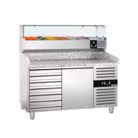 Stół chłodniczy do pizzy ECO - 1500x800mm - z blatem granitowym - 1‑drzwiowy, 7 szuflad - z nadstawką chłodniczą z osłoną szklaną - 6x GN 1/3