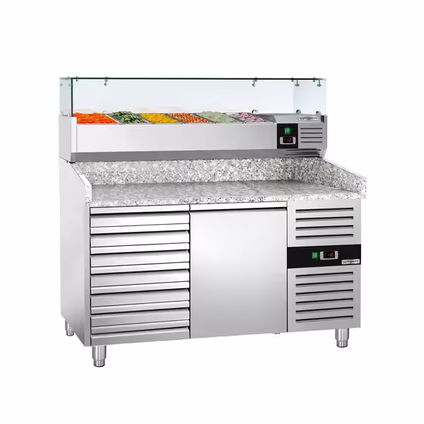 Stół chłodniczy do pizzy ECO - 1500x800mm - z blatem granitowym - 1‑drzwiowy, 7 szuflad - z nadstawką chłodniczą z osłoną szklaną - 6x GN 1/3