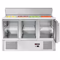 Saladeta ECO – 1370 mm – 3 staklena vrata – s pretincem za 4 GN 1/1 pladnja i poklopcem od nehrđajućeg čelika