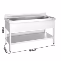 Grovdiskbänk i rostfritt stål PREMIUM - 1600x700 mm - med underhylla - 1 ho mitten - extra djup ho - med stänkskydd