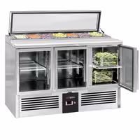 Pult za pripremu salate PREMIUM - 1365 mm - 3 staklena vrata - s ugradnim ležištem za 7x GN 1/3 i stakleni poklopac
