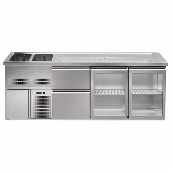 Direct Draw Beer Dispenser / Kegerator 2 Glass Doors + 2 Drawers PREMIUM – 2 sinks left - 2500×700 mm - 3 drip trays
