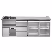 Direct Draw Beer Dispenser / Kegerator 2 Glass Doors + 3 Drawers PREMIUM – 2 sinks left - 2500×700 mm - 3 drip trays