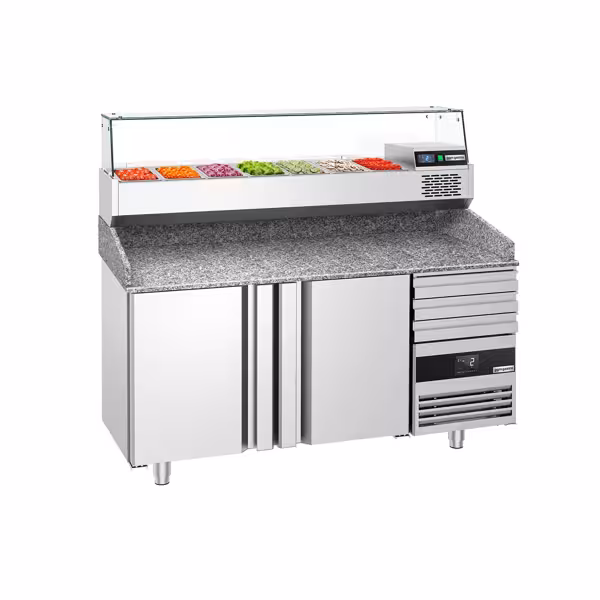 Stół chłodniczy do pizzy PREMIUM - 1700x800mm - z 2 drzwiami i 3 szufladami - włącznie z witryną chłodniczą nadstawną - 7x GN 1/3