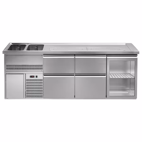 Direct Draw Beer Dispenser / Kegerator 1 Glass Door + 4 Drawers PREMIUM – 2 sinks left - 2500×700 mm - 3 drip trays