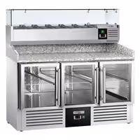 Pizzakylbänk PREMIUM - 1400x700 mm - 3 glasdörrar - inkl. kylränna med glastopp - 6x GN 1/4