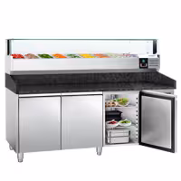 Table réfrigérée à pizza PREMIUM - 2000 x 800 mm - avec 3 portes - incl. vitrine réfrigérée LED - 9 x GN 1/3