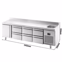 Mostrador refrigerado PREMIUM PLUS - 2452x700mm - de trabajo con fregadero - 3 puertas y 3 cajones (bloque 3x1/3) - con peto posterior - 630l