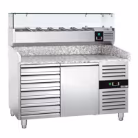 Stół chłodniczy do pizzy ECO - 1500x800mm - z blatem granitowym - 1‑drzwiowy, 7 szuflad - z nadstawką chłodniczą z osłoną szklaną - 6x GN 1/3