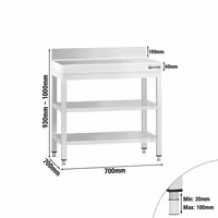 Mesa de trabalho em aço inoxidável PREMIUM - Profissional - 700x700mm - com prateleira inferior & com painel traseiro & com prateleira intermédia & com travessas de reforço