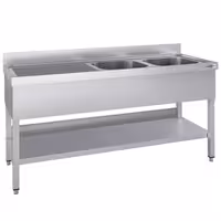 Stainless Steel Commercial Sink Unit ECO - 2000x700mm - with Double Bowl Right-hand - with Undershelf - with Upstand