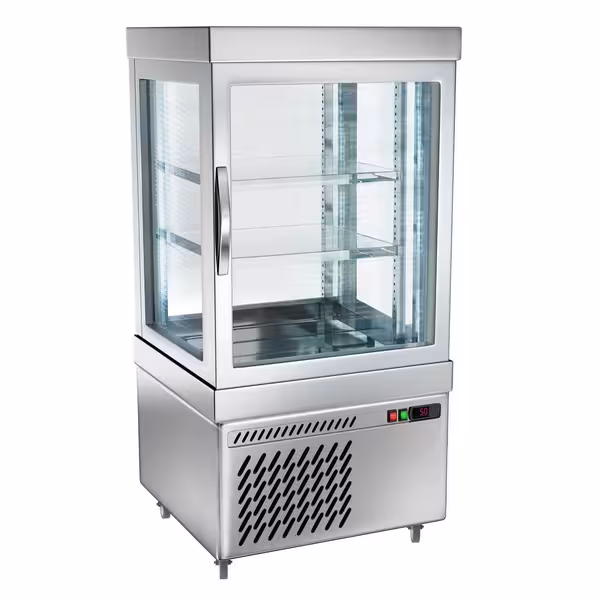 4-Sided Glass Display Fridge - 230L - 670mm - with 2 rotating shelves - 1 door - Silver - for patisserie