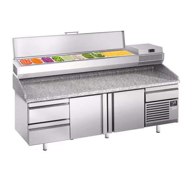 Stół chłodniczy do pizzy Premium PLUS - 3305x800mm - z 3 drzwiami & 3 szufladami - włącznie z witryną chłodniczą nadstawną - 10x GN 1/3	