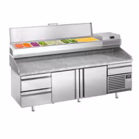 Stół chłodniczy do pizzy Premium PLUS - 3305x800mm - z 3 drzwiami & 3 szufladami - włącznie z witryną chłodniczą nadstawną - 10x GN 1/3