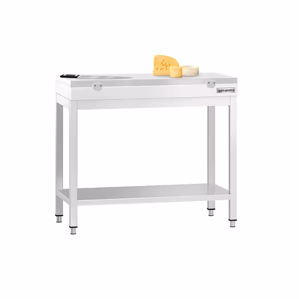 Arbetsbänk i rostfritt stål PREMIUM - 800x600 mm - med underhylla - inkl. skärbräda GN 1/2 vit