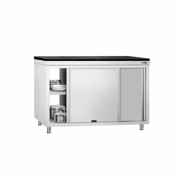 Rozsdamentes acél munkaszekrény PREMIUM – 1400x600 mm – átadóablakkal – gránit munkalapmal