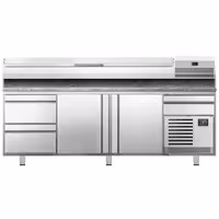 Stół chłodniczy do pizzy PREMIUM PLUS - 3305x800mm - z 3 drzwiami & 3 szufladami - włącznie z witryną chłodniczą nadstawną - 11x GN 1/4