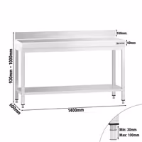 طاولة عمل ستانلس ستيل PREMIUM - 1400x600mm - مع رف سفلي & حاجز خلفي