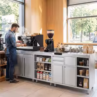 Mesa de trabalho mural - PREMIUM - para máquina de café - 1200x600mm - com 2 gavetas, porta de batente, caixote de lixo & espelho sanitário