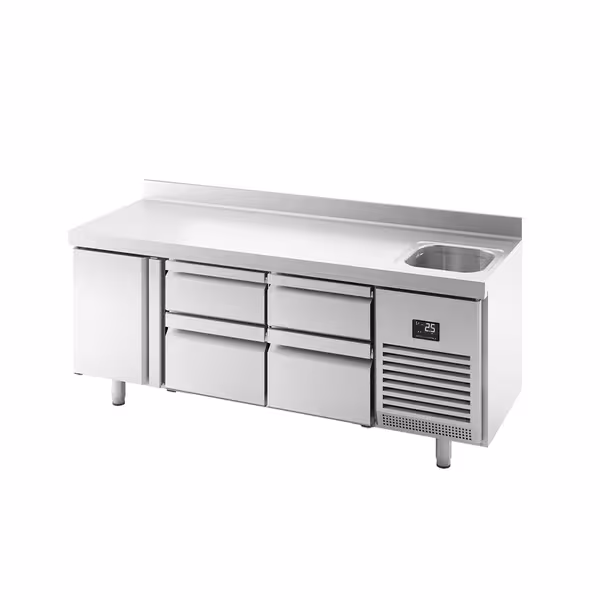 Mostrador refrigerado PREMIUM PLUS - 1960x600mm - de trabajo con fregadero - 1 puerta y 4 cajones - encimera con alzatina - 385l