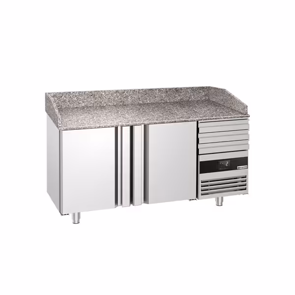 Stół chłodniczy do pizzy PREMIUM – 1600 x 800 mm – z 2 drzwiami i 3 szufladami