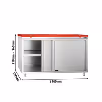 Roostevabast terasest tööpinnaga kapp PREMIUM - 1400x700 mm - koos 2 lükanduksega - sh lõikelaud, värv: punane