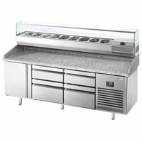 Table réfrigérée à pizza Premium PLUS - 1980x700 mm - avec 1 porte & 4 tiroirs - incl. vitrine réfrigérée - 9x GN 1/4