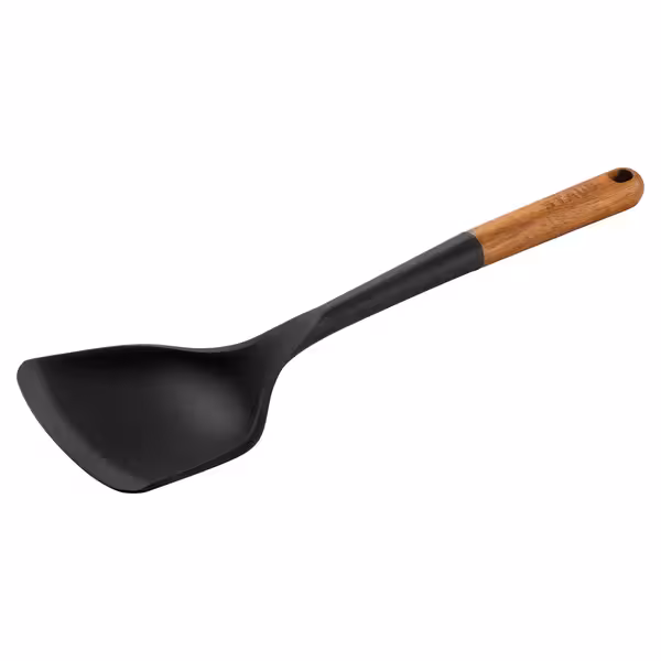 STAUB | Wok Turner Spatula – Silicone – Black – 310mm – Acacia Wood Handle – Non-Stick Safe