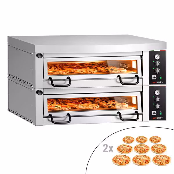 Electric Deck Pizza Oven Power   - Twin Deck - Refractory Stone Deck - 9+9 x Ø 34cm (13.4") - 230V 3 Phase - Mechanical Controls - up to 450°C - incl. Hood