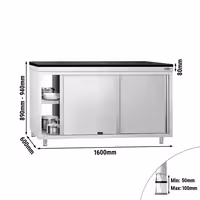 Rozsdamentes acél munkaszekrény PREMIUM – 1600x600 mm – átadóablakkal – gránit munkalapmal