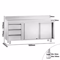 خزانة قاعدية ستانلس ستيل KOPENHAGEN PREMIUM - 1800x600mm - وحدة أدراج 3 يسار - مع حاجز خلفي