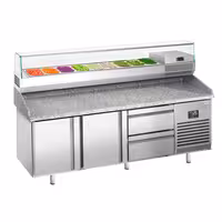 Table réfrigérée à pizza Premium PLUS - 1980x700 mm - avec 2 portes & 2 tiroirs - incl. vitrine réfrigérée - 9x GN 1/4