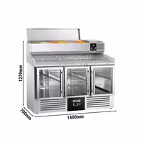 Pizzakylbänk PREMIUM - 1400x700 mm - 3 glasdörrar - inkl. kylränna - 6x GN 1/4