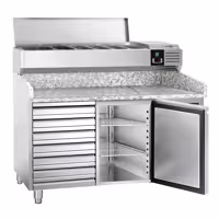 Stół chłodniczy do pizzy PREMIUM - 1500x800mm - z blatem granitowym - 1‑drzwiowy, 7 szuflad - z nadstawką chłodniczą - 7x GN 1/4
