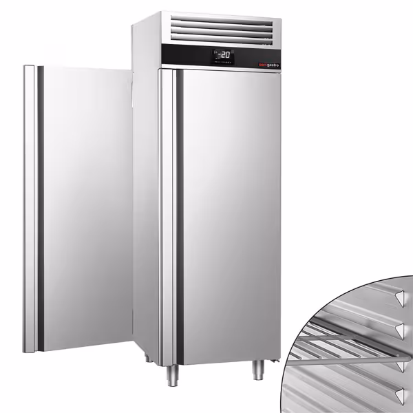 Szafa mroźnicza PREMIUM – przelotowa – stal nierdzewna – GN 2/1 – 700 L – z 1 drzwiami z przodu i z tyłu