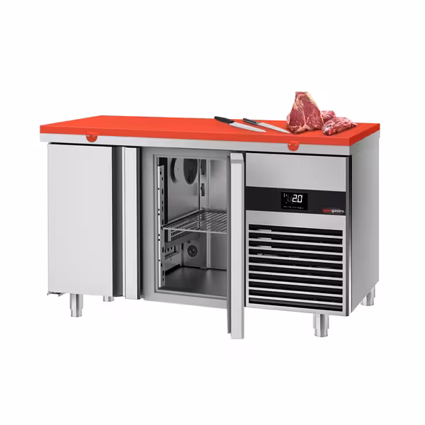 Külmlett PREMIUM - 1400x700 mm - 281 l - ventileeritud jahutus - Värv punane - koos 2 uksega - lihalõikamiseks mõeldud tööpind
