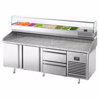 Table réfrigérée à pizza Premium PLUS - 1980x700 mm - avec 2 portes & 2 tiroirs - incl. vitrine réfrigérée - 9x GN 1/4