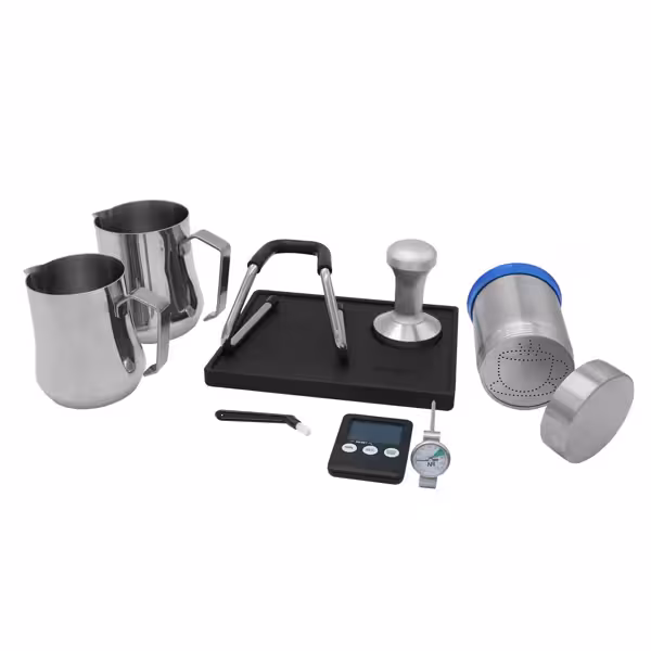 Barista Seti - 350ml sütlük, 600ml sütlük, 58mm kahve tamperi, tamper standı, süt termometresi, temizlik fırçası, 3 latte art şablonu, zamanlayıcı