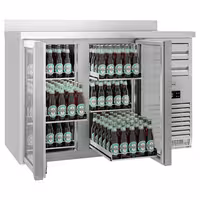 Stół chłodniczy barowy do napojów Premium PLUS SUPERCOOLER – stal nierdzewna – 1475 x 700 mm – z 2 drzwiami szklanymi i rantem