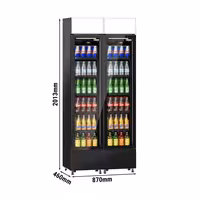 (2 pcs) Commercial Beverage Display Fridge with Illuminated Canopy - 870mm - 290 Litres - with 2 hinged glass doors - LED lighting - digital controller with temperature display - Black - Temperature range 1 to 10 °C