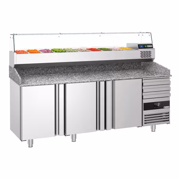 Stół chłodniczy do pizzy PREMIUM - 2150x800mm - z blatem granitowym - 3‑drzwiowy, 3 szuflady - z nadstawką chłodniczą z osłoną szklaną - 10x GN 1/3