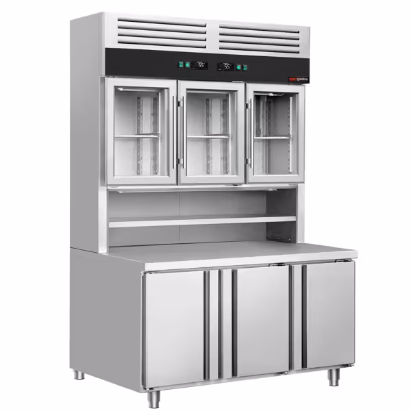 Tavolo refrigerato con pensile refrigerato - 1350x800mm - Statica - 520 L - Doppi vetri - con 3 porte battenti - con 3 porte in vetro - con 6 ripiani