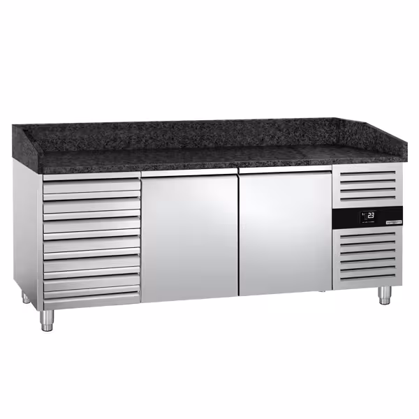 Commercial Pizza Prep Counter - Granite Top PREMIUM - 2025x800mm - with 2 doors & 7 drawers