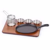 Sizzle Platter Set - 6-piece set - incl. wooden base, 3 small bowls & frying basket - pre-seasoned cast iron pan; stainless steel - bowls & basket; MDF board - 350x260mm - oval