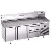 طاولة تحضير بيتزا مبردة PREMIUM PLUS - 1980x700 mm - مع بابان و 2 أدراج - سطح عمل جرانيت - شامل وحدة تبريد علوية - 9x GN 1/4