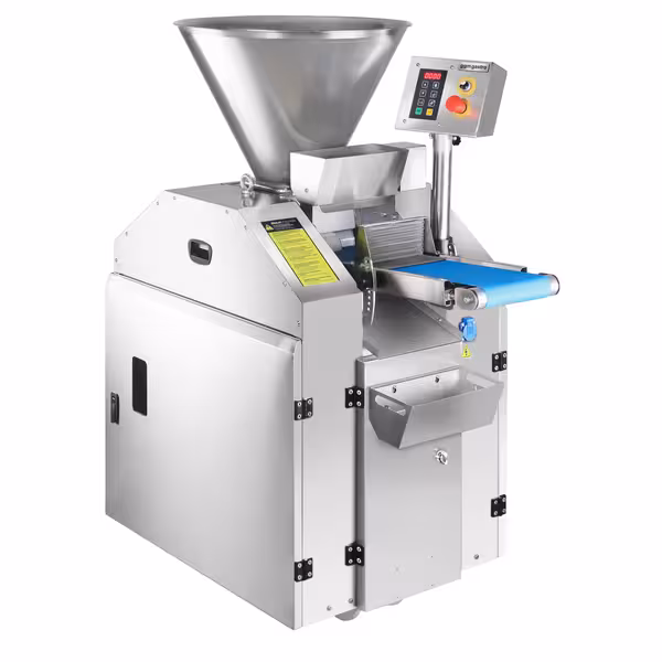 Stroj za dijeljenje tijesta - Snaga: 1,5 kW - Raspon težine porcija: ~100–600 g - Kapacitet spremnika: 60 kg - Produktivnost: 2.000 kom/h