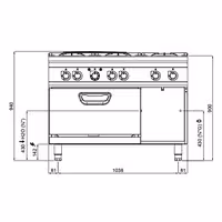 Cocina a gas - 44kW - 6 fuegos - con horno eléctrico convección - 4,68kW