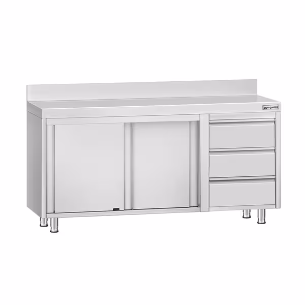 خزانة قاعدية ستانلس ستيل KOPENHAGEN ECO - 1600x600mm - أبواب منزلقة، ووحدة أدراج 3 يمين - مع حاجز خلفي
