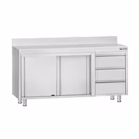 خزانة قاعدية ستانلس ستيل KOPENHAGEN ECO - 1600x600mm - أبواب منزلقة، ووحدة أدراج 3 يمين - مع حاجز خلفي