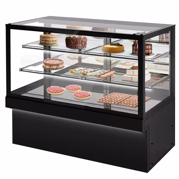 Konditerinė šaldoma vitrina TORONTO - 1800 mm - 2 durų stumdomos durys - su 3 lentynomis - juoda priekinė apdaila